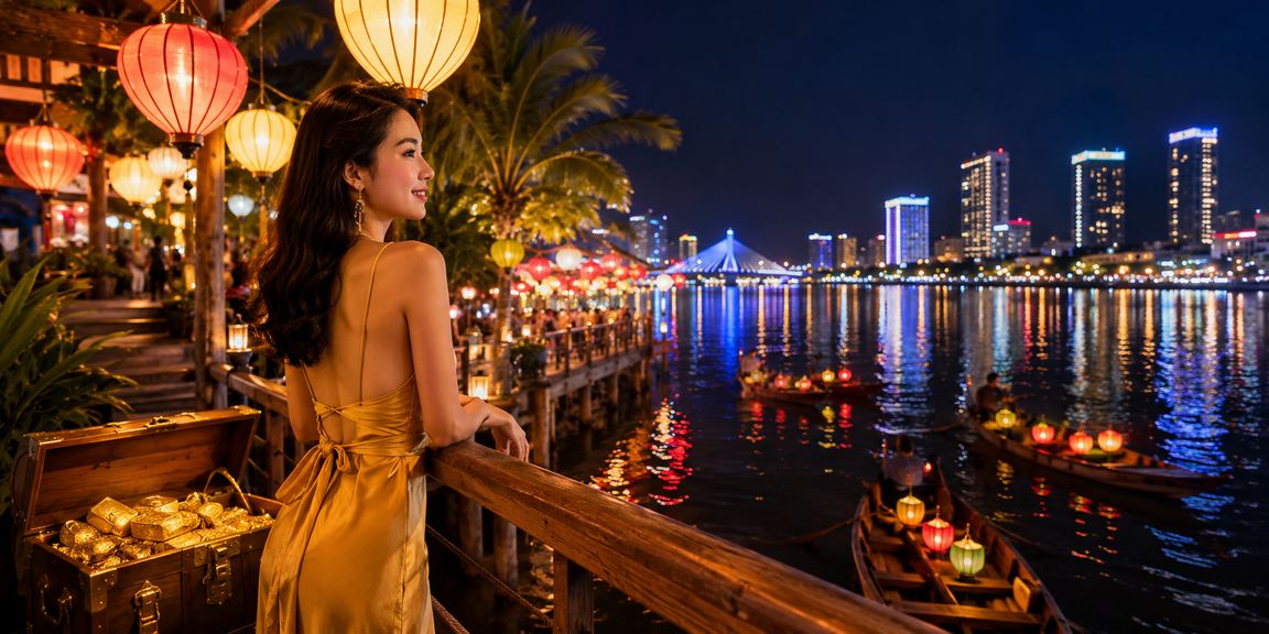 Người dùng tại chợ đêm Đà Nẵng tham gia xổ số và trò chơi giải thưởng buổi tối rực rỡ ánh đèn