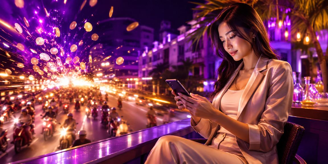Người dùng Hà Nội chơi casino trên điện thoại giữa không gian ánh đèn neon rực rỡ về đêm