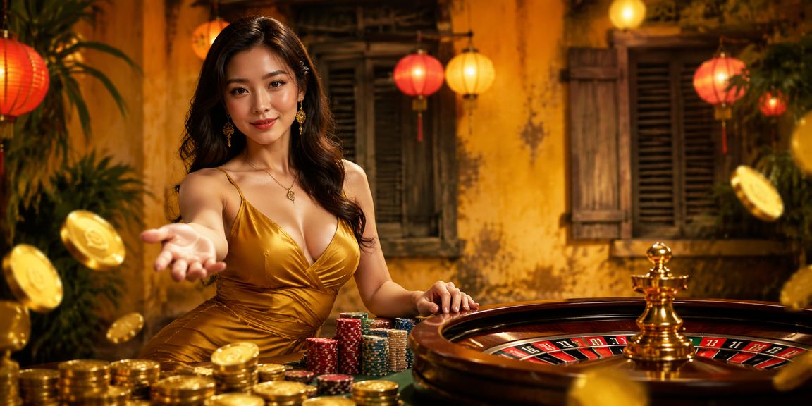 Bàn Roulette được chiếu sáng bởi đèn lồng Hội An trong không khí giải trí casino đêm khuya