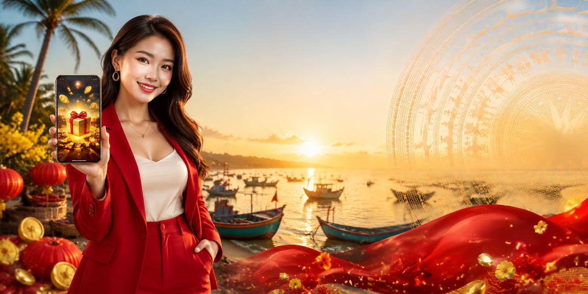 Người dùng đăng ký tài khoản nhận bonus tại bãi biển Mũi Né với điện thoại trên tay