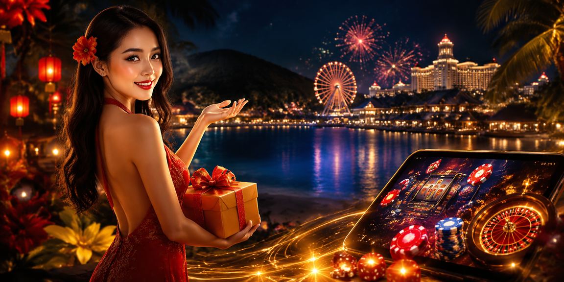 Không khí lễ hội casino sôi động tại Phú Quốc với ánh đèn rực rỡ và người chơi hào hứng